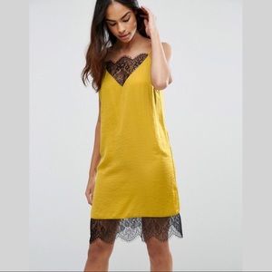 ASOS Lace Insert Mini Slip Dress in Mustard Yellow